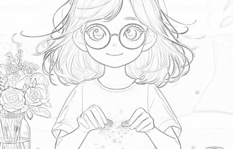 Colouring page: Isabel sprinkles glitter with her fingers over the table among the jars.