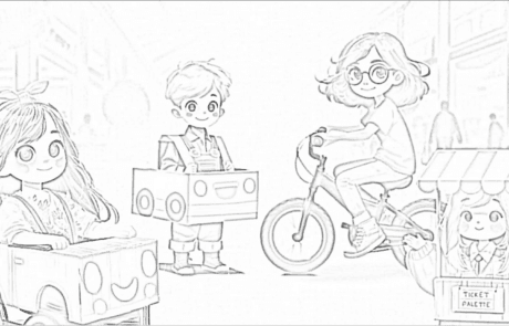 Colouring page: the four siblings with their cardboard cars and the ticket booth.