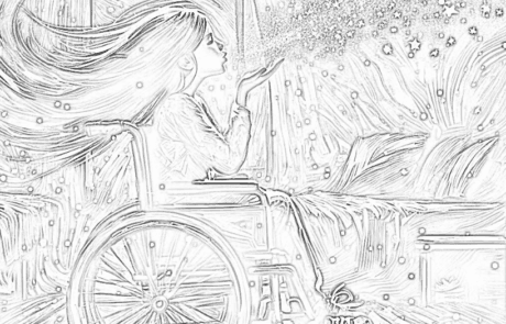 Colouring page: Carolina blows glitter that turns into stars, from her wheelchair.