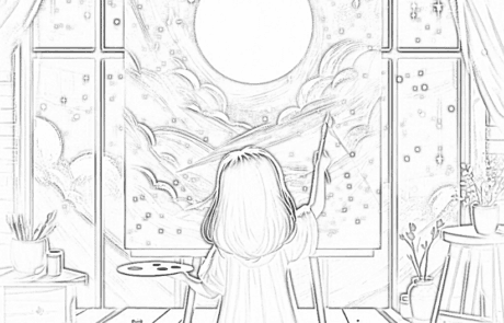 Colouring page: Martina paints a sky with a large moon on her easel.