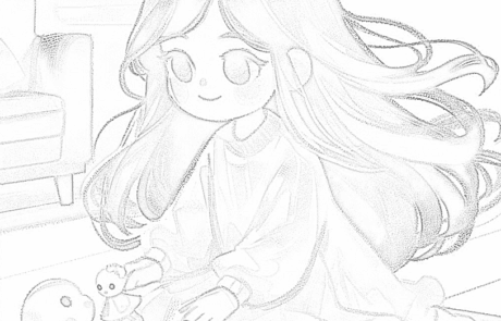 Colouring page: Carolina plays on the floor with her dolls.