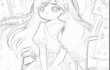 Colouring page: Carolina, in her wheelchair, among the dresses in a shop.