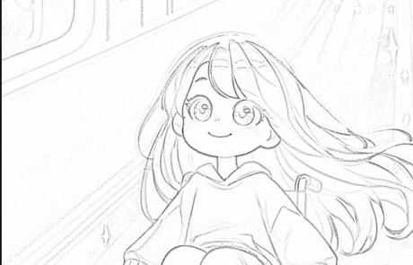 Colouring page: Carolina moves along the metro platform in her wheelchair.