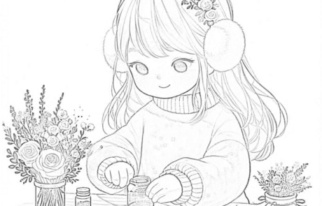 Colouring page: María pours glitter from a jar among bunches of flowers.