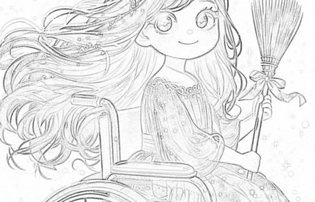 Colouring page: Carolina, in a party dress, holds a broom tied with a ribbon.