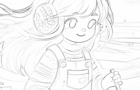 Colouring page: María, in her earmuffs, plays in the sand on the beach.