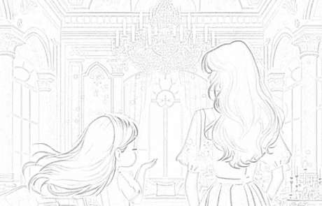 Colouring page: Carolina and a woman, seen from behind, in a palace’s great hall.