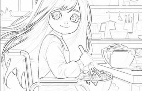 Colouring page: Carolina whisks a batter in the kitchen.