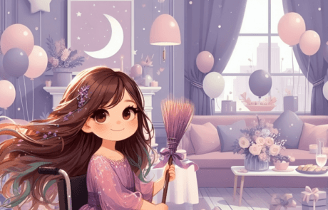 Illustration from the book: Carolina holds a decorated broom in a room dressed for her birthday.