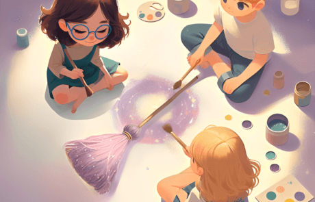 Illustration from the book: Isabel, Juanma and María paint a broom with glitter, sitting on the floor.