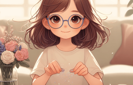 Illustration from the book: Isabel sprinkles glitter over the table among jars of colours.