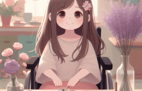 Illustration from the book: Carolina, in her wheelchair, at a table covered with glitter jars and bunches of flowers.