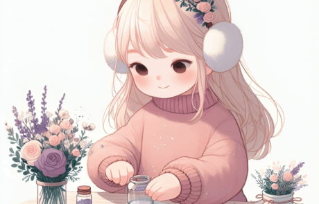 Illustration from the book: María, in her earmuffs, pours glitter from a jar onto a sheet of paper.