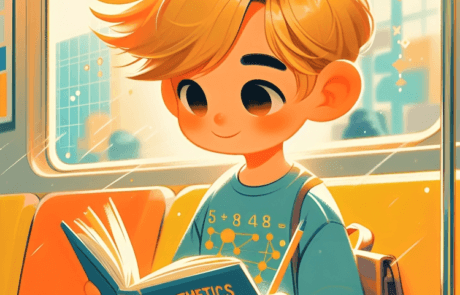 Illustration from the book: Juanma reads a maths book on the metro, his backpack over his shoulder.