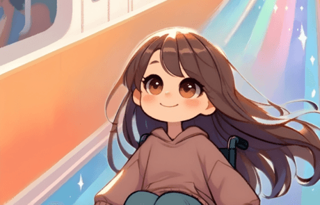 Illustration from the book: Carolina reaches the metro platform down a colourful, sparkling ramp.