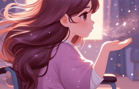 Illustration from the book: Carolina, in her wheelchair, blows glitter from the palm of her hand.