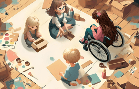 Illustration from the book: the four siblings build their cardboard costumes surrounded by boxes and paints.