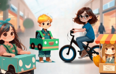 Illustration from the book: the siblings parade with their cardboard cars; Carolina in her wheelchair, María at the ticket booth.