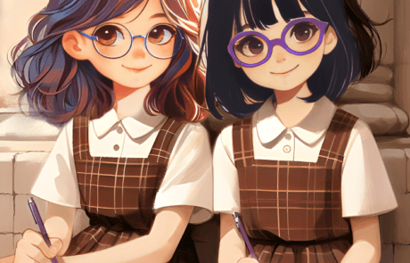 Illustration from the book: Isabel and Martina, in school uniform, write in their notebooks.