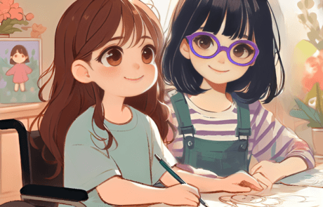 Illustration from the book: Carolina, in her wheelchair, draws with Martina at the table.