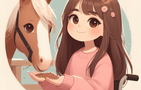 Illustration from the book: Carolina feeds a horse from her wheelchair.