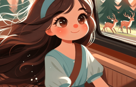 Illustration from the book: Carolina watches deer among the pine trees from the car.