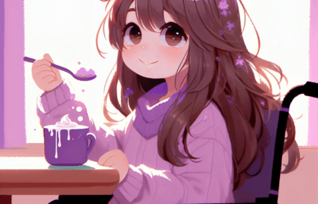 Illustration from the book: Carolina enjoys a hot chocolate with cream at the table in her wheelchair.