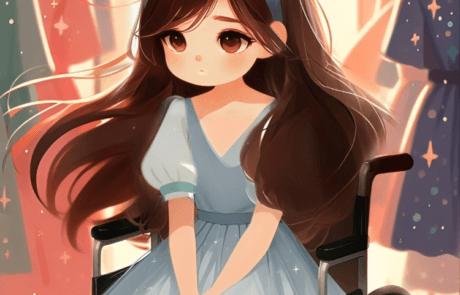Illustration from the book: Carolina, in her wheelchair, chooses a dress from the racks of a shop.
