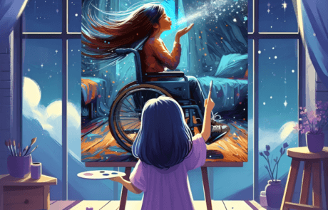 A girl paints on an easel the portrait of a young girl in a wheelchair blowing a handful of glitter towards a starry window.