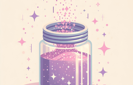 Illustration from the book: an open jar of mauve glitter with sparkles and stars escaping.