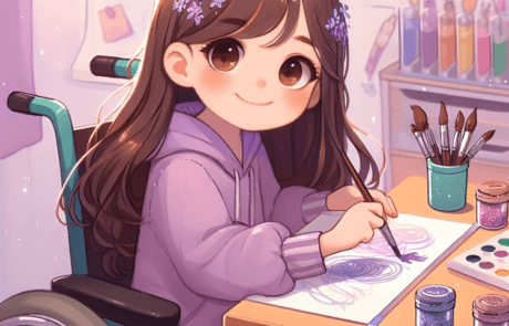 Illustration from the book: Carolina paints with glitter at her desk, surrounded by brushes and colourful jars.