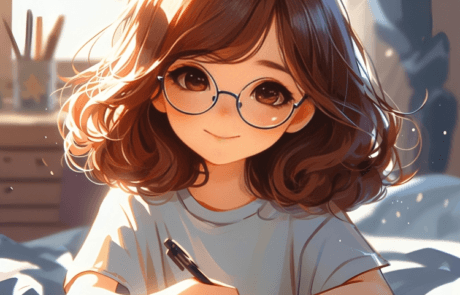 Illustration from the book: Isabel writes in her notebook lying on her bed, wearing her round glasses.