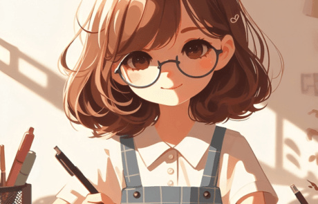 Illustration from the book: Isabel writes at her desk in dungarees, in the light from the window.