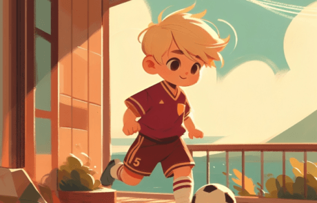 Illustration from the book: Juanma, in his football kit, kicks the ball on a terrace facing the sea.