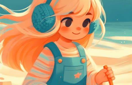 Illustration from the book: María, in her turquoise earmuffs, plays with her bucket and spade on the beach.