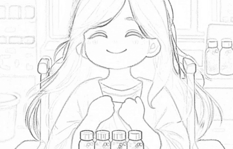 Colouring page: Carolina smiles in her wheelchair in front of four jars of glitter.