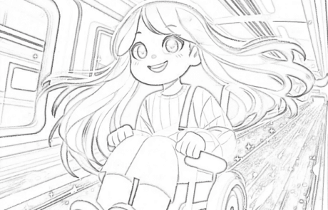 Colouring page: Carolina rides down a metro ramp in her wheelchair.