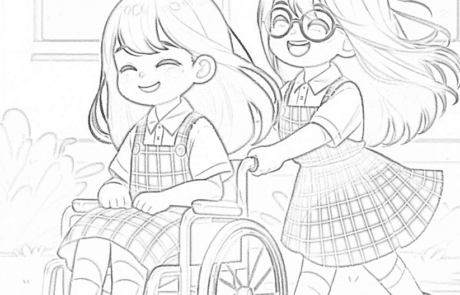 Colouring page: Patri pushes Carolina’s wheelchair on the way to school.