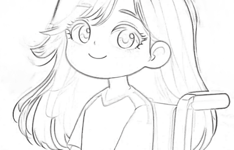 Colouring page: portrait of Carolina smiling in her wheelchair.