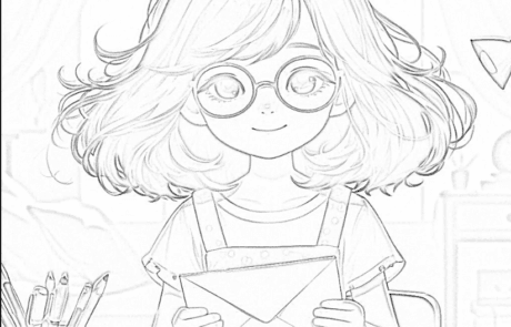 Colouring page: Isabel holds an envelope at her desk covered with papers.