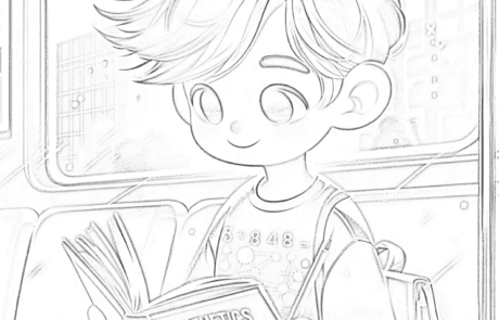 Colouring page: Juanma reads his maths book on the metro.