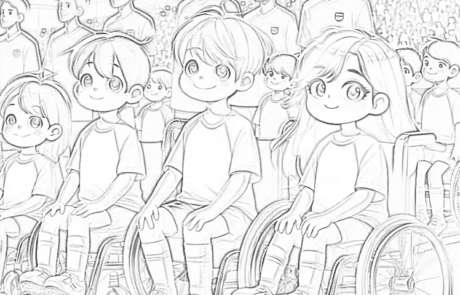 Colouring page: children in wheelchairs on the football pitch beside the players.