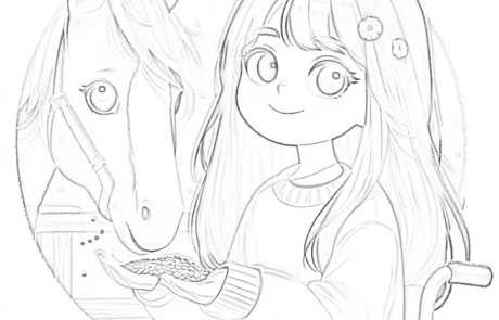 Colouring page: Carolina feeds a horse from her wheelchair.