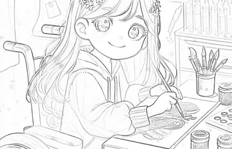 Colouring page: Carolina paints with glitter at her desk, surrounded by brushes.