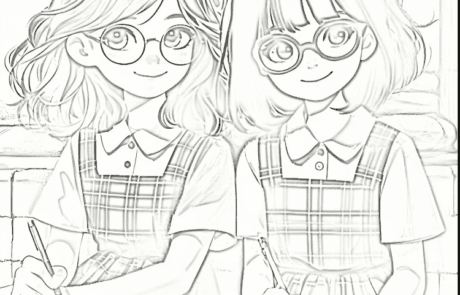 Colouring page: Isabel and Martina, in school uniform, write in their notebooks.