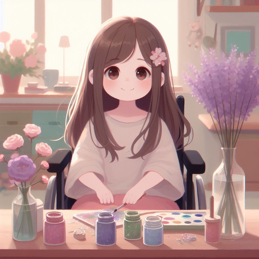 _0c2563e1-6e4f-4513-99c3-027988dff157 Chapter illustration: Carolina lays out her jars of coloured glitter on the table.