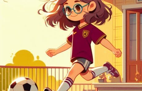 Chapter illustration: Isabel, in glasses and a football shirt, runs after the ball outside the house.
