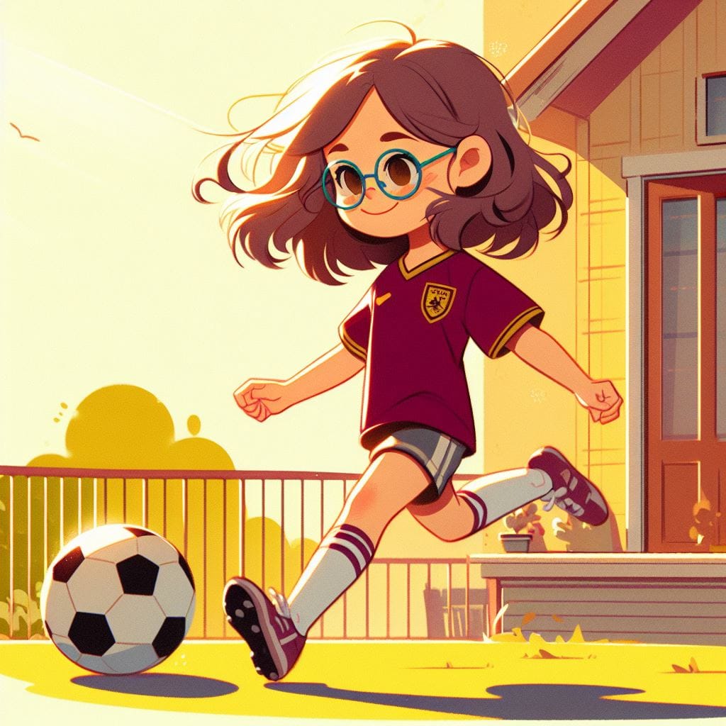 _20791297-fba6-4346-87ad-b38dd29a6260 Chapter illustration: Isabel, in glasses and a football shirt, runs after the ball outside the house.