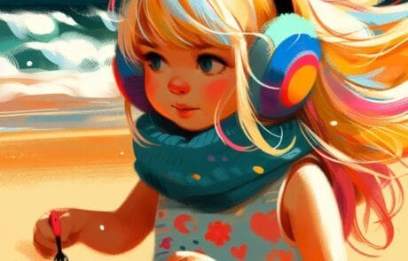 Chapter illustration: María, in her colourful earmuffs, builds a sandcastle on the beach.
