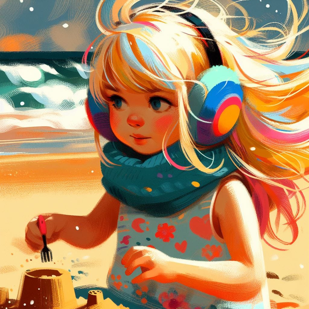 _20ebffc4-7384-4bb1-bf81-b384790f2d2e Chapter illustration: María, in her colourful earmuffs, builds a sandcastle on the beach.